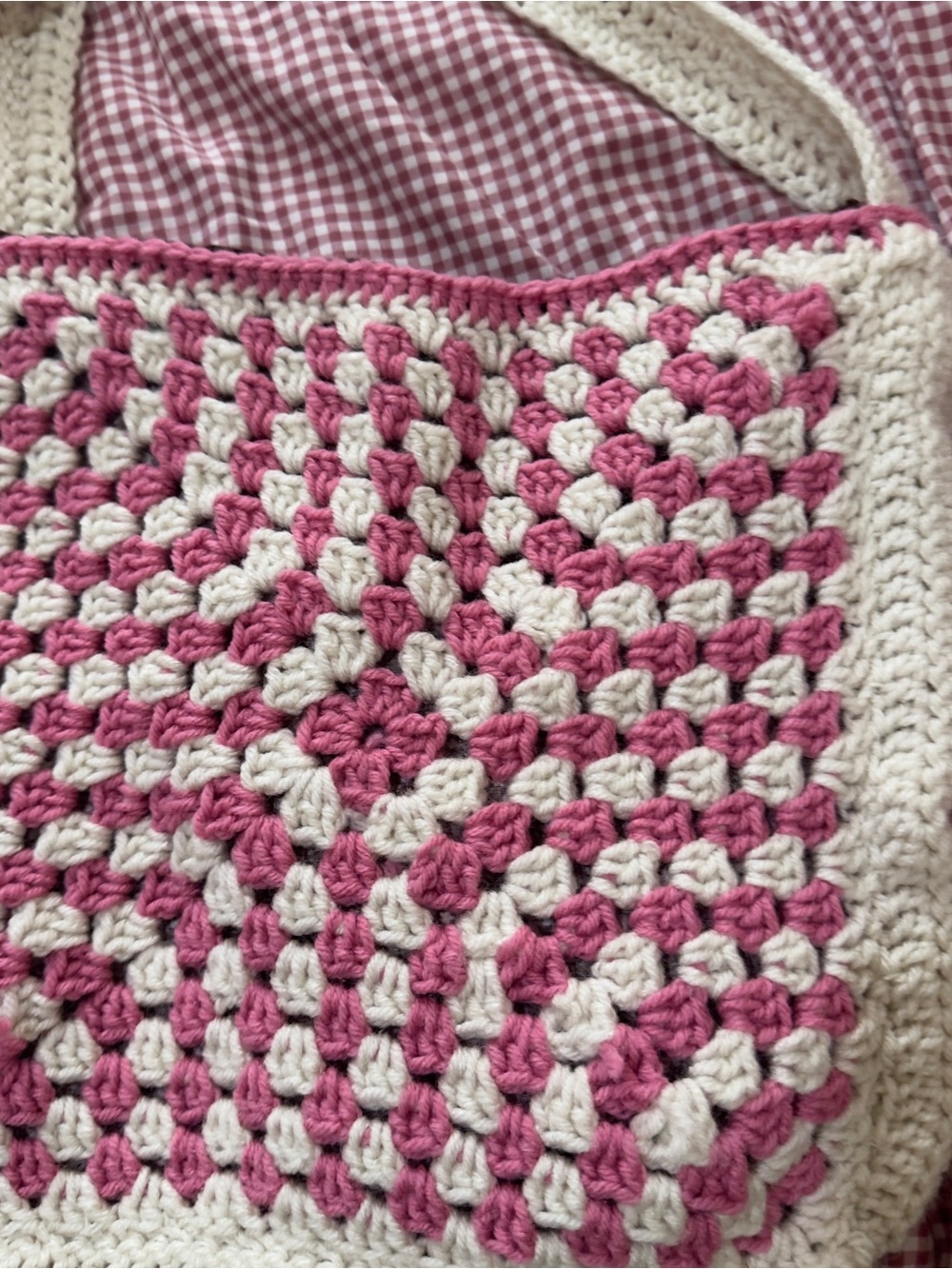Cream and Pink Crochet Shoulder Bag - Handmade Boho Style - Picture 7 of 9